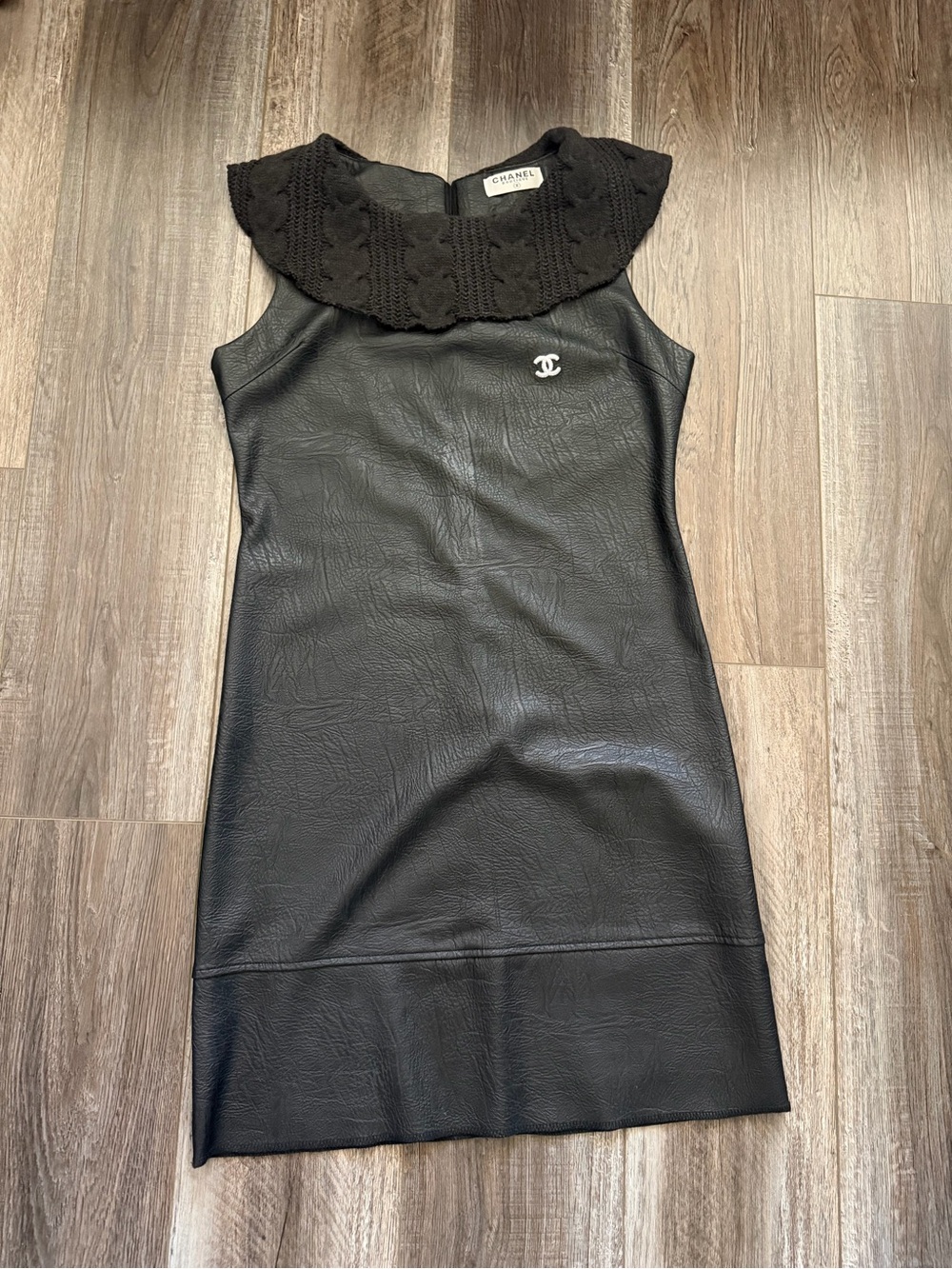 CHANEL Black Leather Shift Dress with Crochet Collar and CC Logo